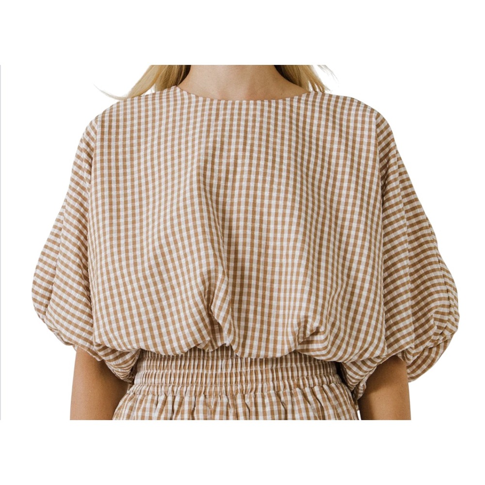 ENGLISH FACTORY Brown/White Gingham Check VOLUMINOUS CROPPED TOP Bubble Lined M
